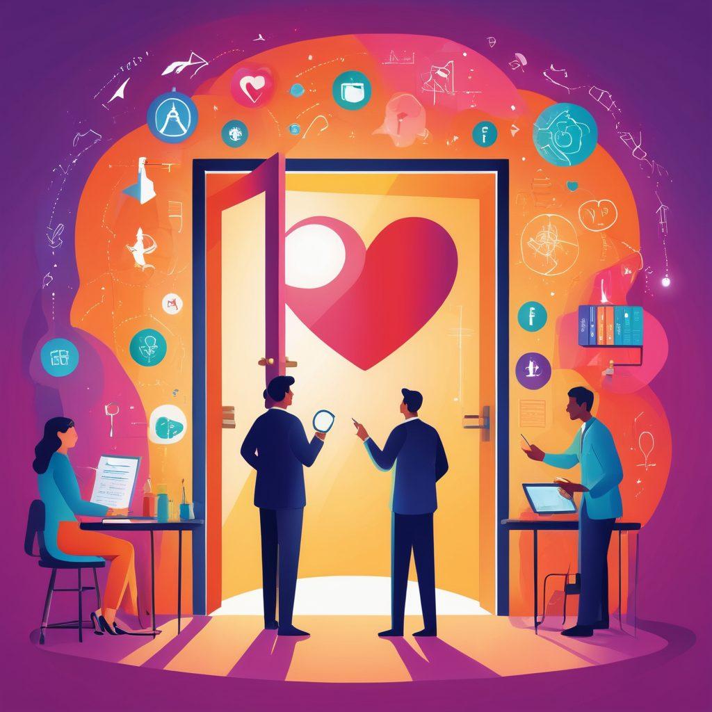 A vibrant illustration showcasing diverse individuals engaged in various career activities and collaborative relationships, each depicted with distinct Myers-Briggs personality traits symbolized by colorful icons around them. Include a backdrop of an open door, representing the unlocking of potential, with light streaming in. The overall atmosphere should feel empowering and inclusive. bright colors. vector art.