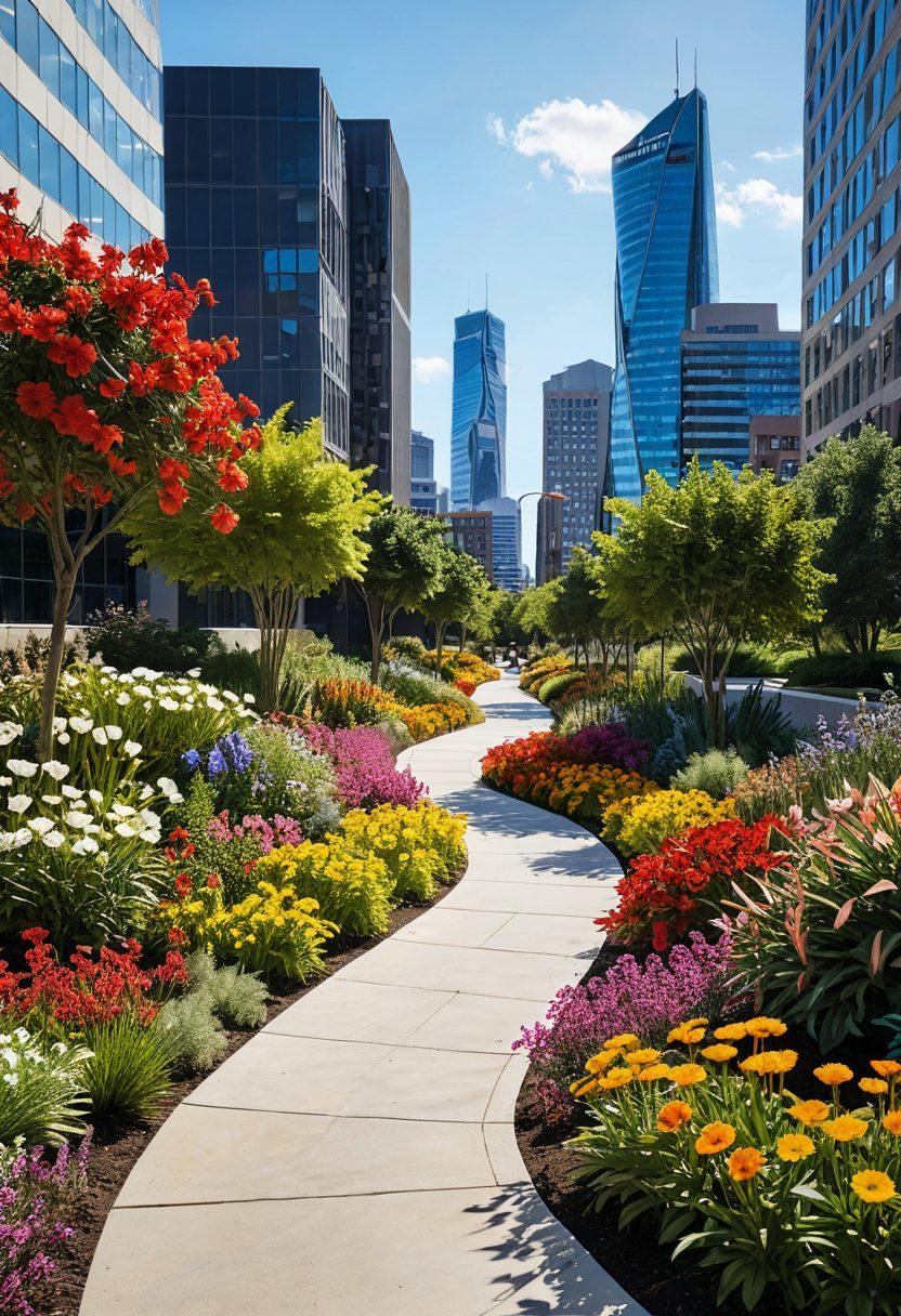 A vibrant split-path image showcasing a winding road diverging into two distinct paths, symbolizing personal and professional development. On one side, a flourishing garden with colorful flowers and butterflies representing personality growth; on the other, a modern city skyline highlighting career advancement. Include a subtle overlay of diverse people engaged in various activities along the paths. vibrant colors. super-realistic. 3D.