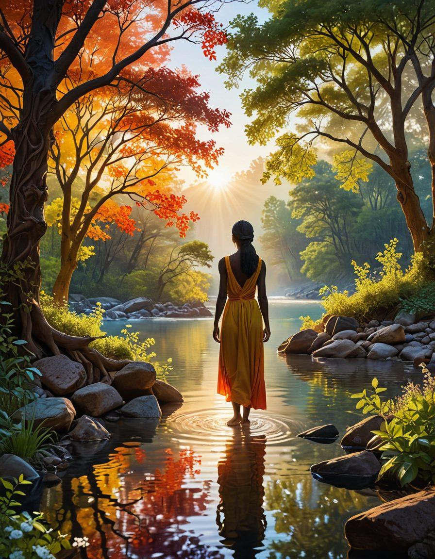 A serene figure standing at a crossroads, surrounded by vibrant icons representing different personality types and career paths. The background features a flowing river symbolizing growth and transformation, with soft sunlight filtering through trees to create a warm, inviting atmosphere. The figure is contemplative, capturing the essence of self-discovery and decision-making in life. super-realistic. vibrant colors. soft focus.